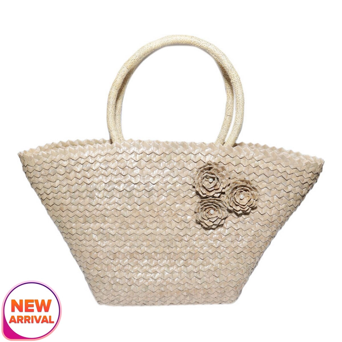 Cream Rose Design Thakkal Handmade Handbag For Women