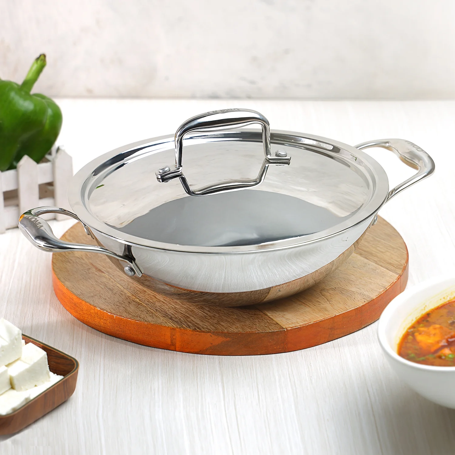 Vinod Platinum Triply Stainless Steel Kadai With Lid (Induction Friendly) , Size - 28 CM , 22 CM , 2