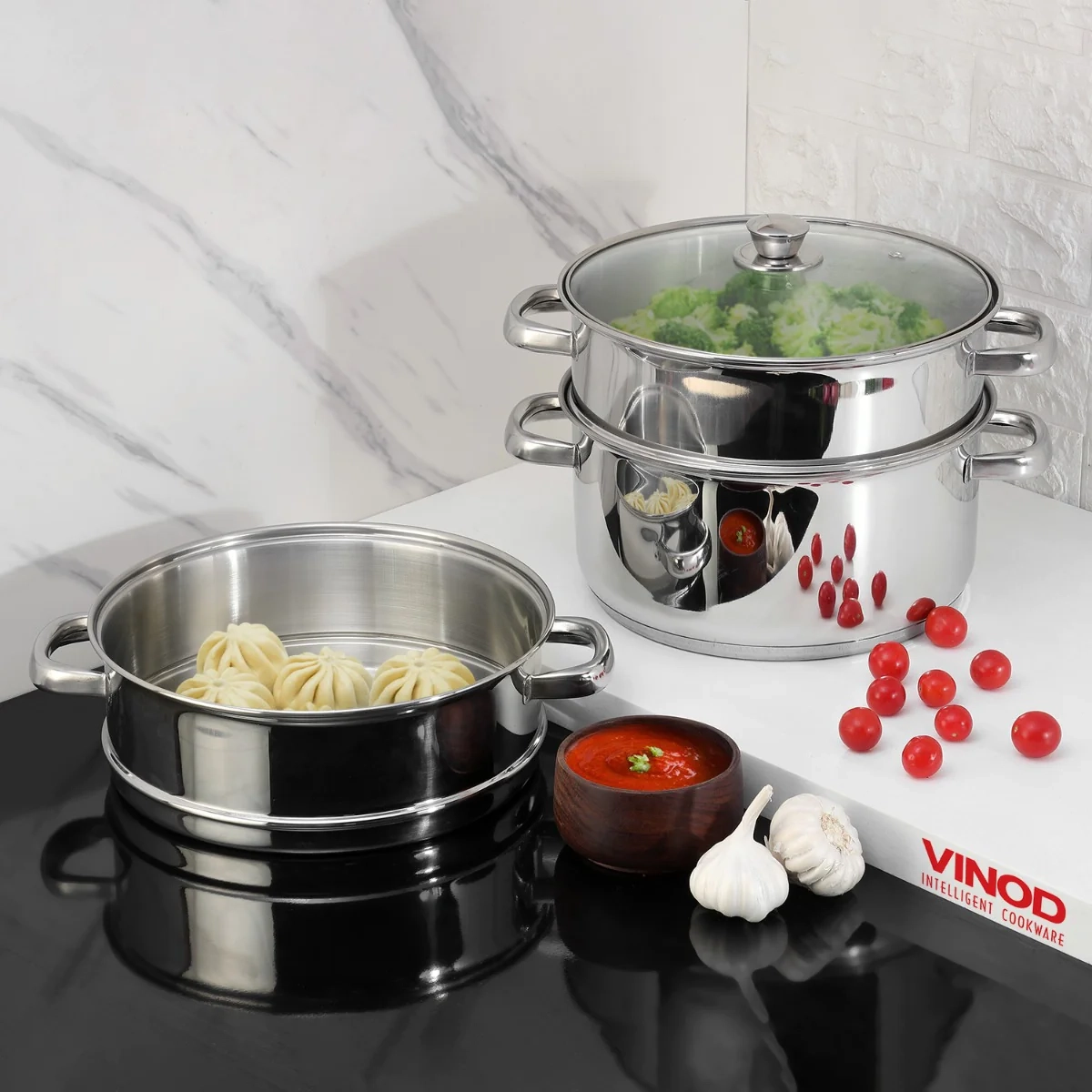 Vinod Stainless Steel 3 Tier Steamer Set (Induction Friendly) , Size - 18 CM , 20 CM , 24 CM