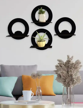 4 pc Round Wooden Shelf Rack In Black