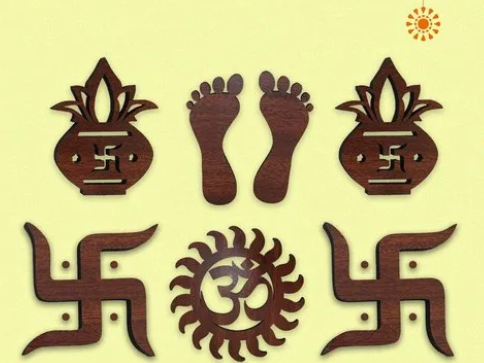 Brown Swastik Kalash Wooden Sticker Set For Decoration