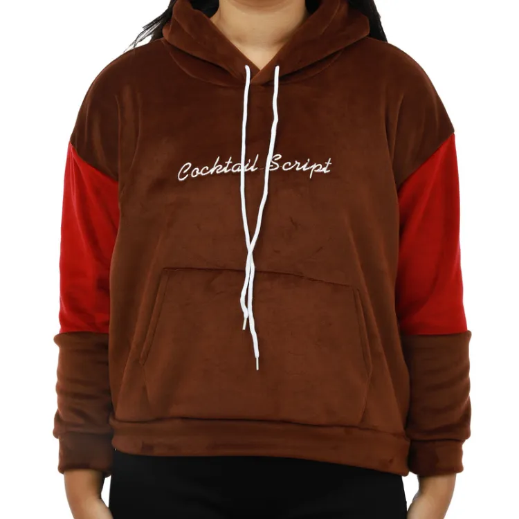 Brown Velvet Front Printed Front Pocket Design Hoodies For Women