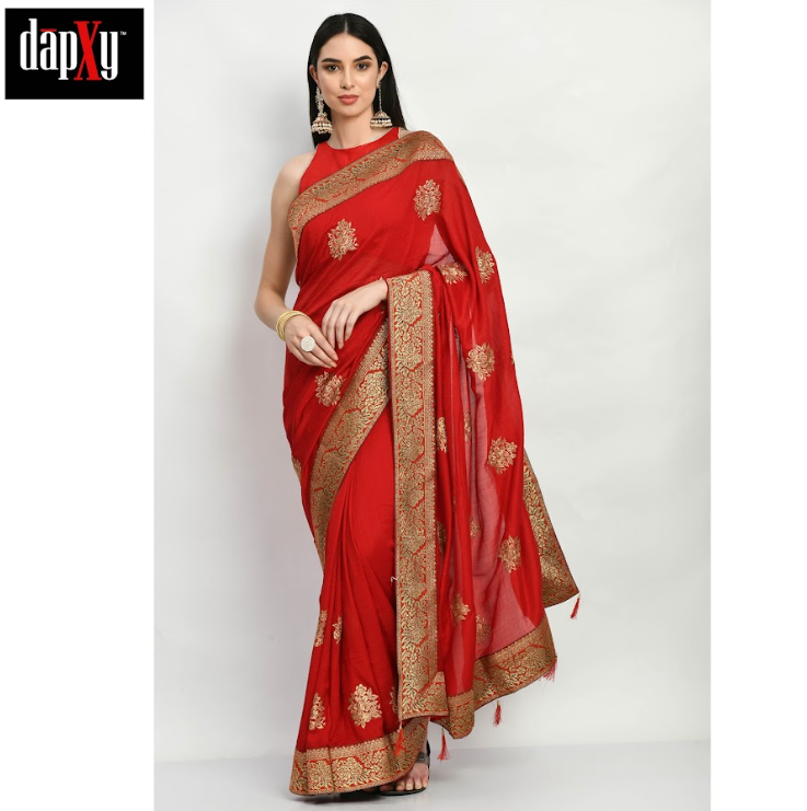 Dapxy Women's Vichitra Silk Embroidred Saree (DS-1)