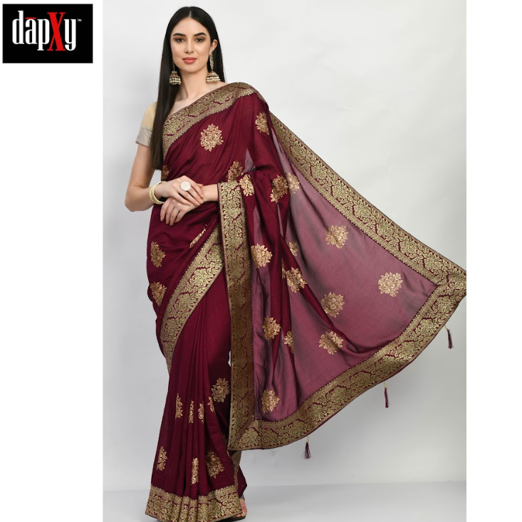 Dapxy Solid Vichitra Silk Embroidred Saree With Unstiched Blouse Piece (DS-4)