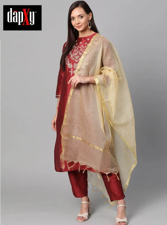 Dapxy Women Maroon & Golden Yoke Design Kurta with Trousers (DK-26)