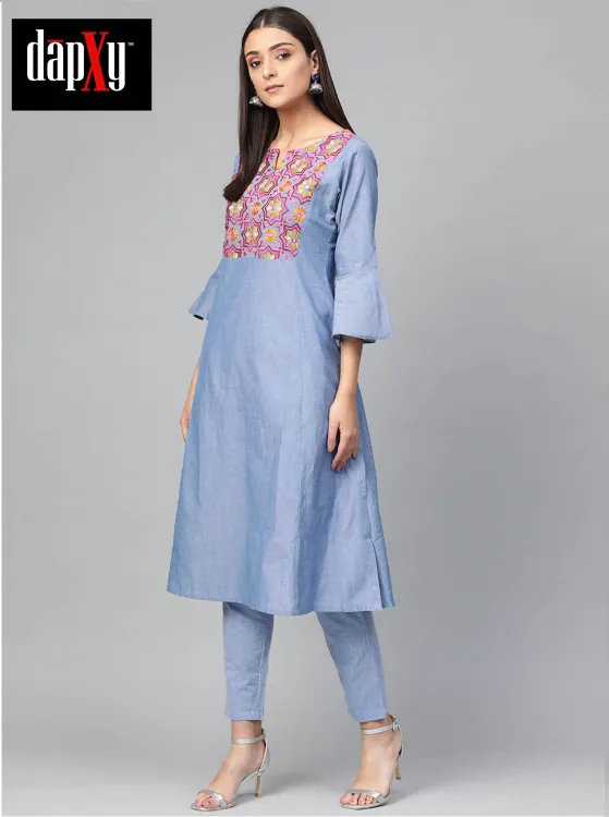 Dapxy Women Blue Yoke Design Chambray Kurta with Trousers (DK-24)