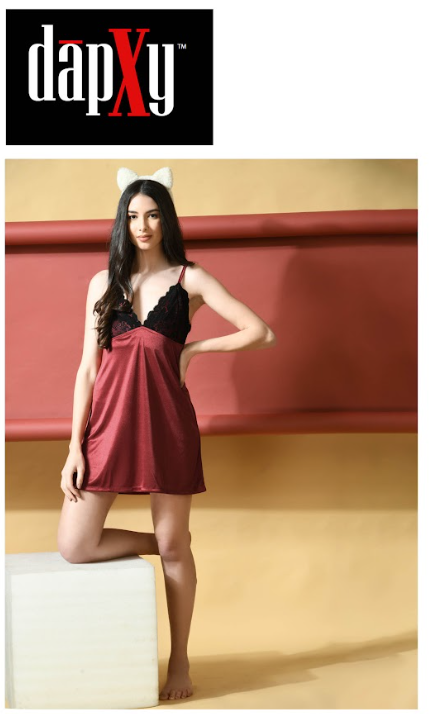 Dapxy Maroon Baby Doll Satin Lycra One Piece Nightwear For Women (DNW-15)