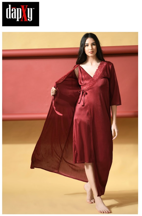 Dapxy Maroon Baby Doll Satin Robe with Satin Net 2 Piece Night wear For Women (DNW-28)