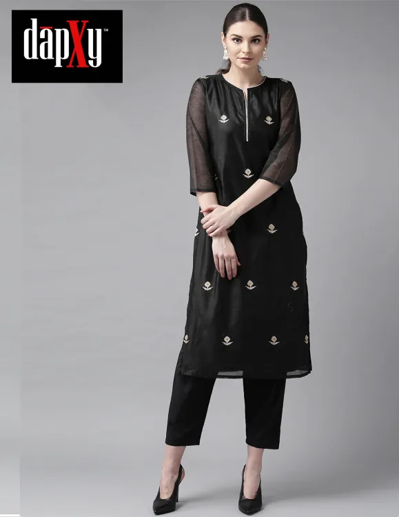 Dapxy Women Black Embroidered Kurta with Trousers (DK-21)