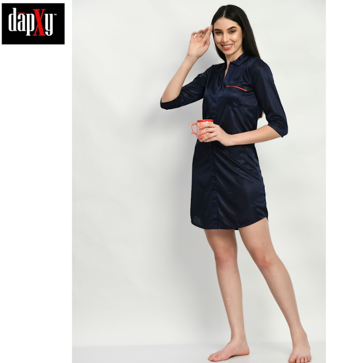 Dapxy Navy Blue Baby Doll Luxurious Knee Length Satin Nightshirt For Women (DNW-8)
