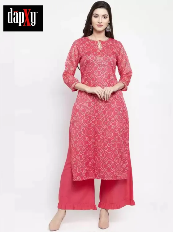 Dapxy Women Pink & White Chanderi Print Kurta with Trousers (DK-25)