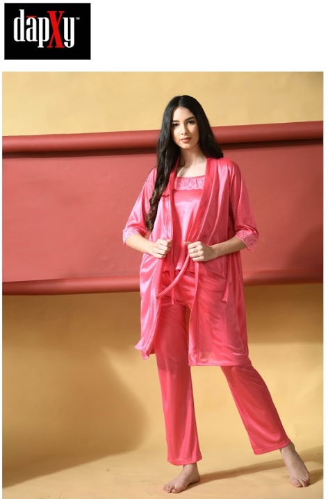 Dapxy Babydoll Satin 3 Piece Sphagetti, Rope and Pyjama Nightsuit Set For Women(DNW-17)