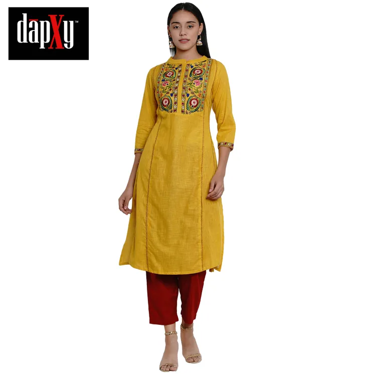 Dapxy Women Mustard Yellow & Maroon Embroidered Kurta with Palazzos (DK-15)