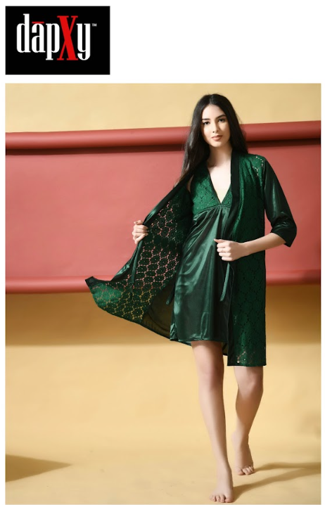 Dapxy Babydoll Satin Robe with Satin Net Bodysuit 2 Piece Nightware For Women (DNW-19)