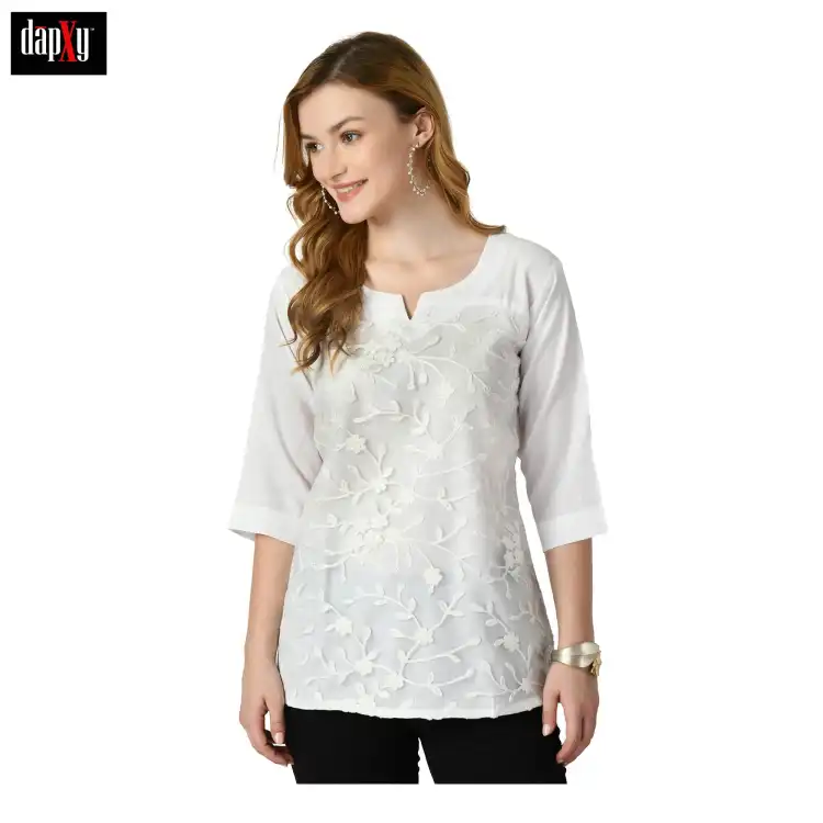 Dapxy Embroidered Lucknow Chikankari Short Kurti Top for Girls & Women (DK-50)