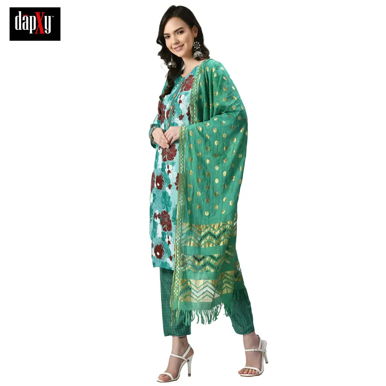 Dapxy Women Green Floral Printed Panelled Pure Cotton Kurta with Palazzos & With Dupatta (DK-98)