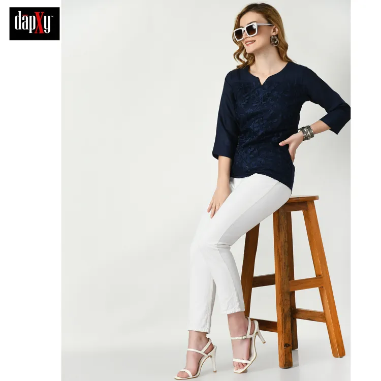 Dapxy Embroidered Lucknow Chikankari Short Kurti Top for Girls & Women (DK-59)