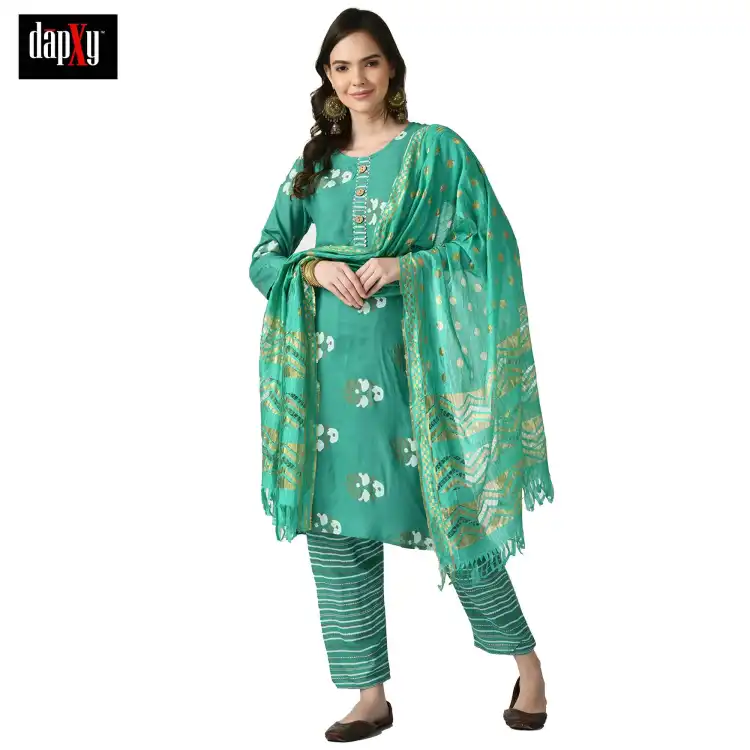 Dapxy Women Green Floral Printed Panelled Pure Cotton Kurta with Palazzos & With Dupatta (DK-99)