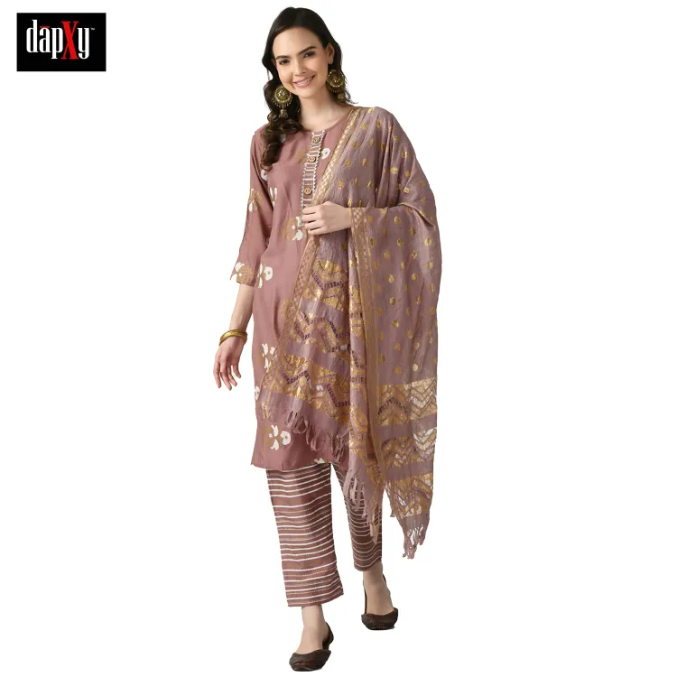 Dapxy Women Brown Floral Printed Panelled Pure Cotton Kurta with Palazzos & With Dupatta (DK-101)