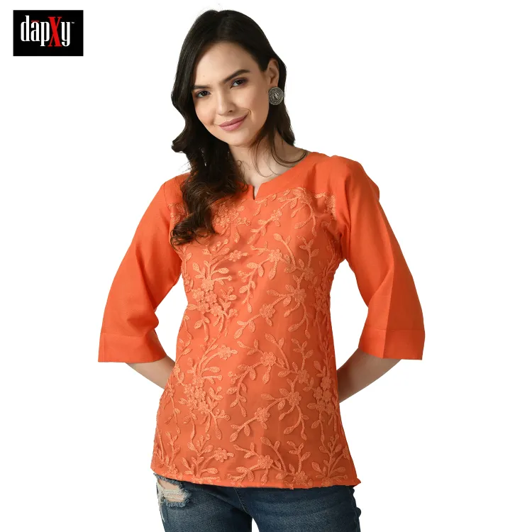 Dapxy Embroidered Lucknow Chikankari Short Kurti Top for Girls & Women (DK-68)