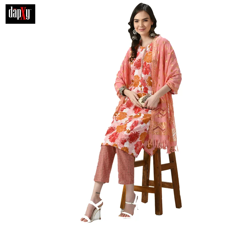Dapxy Women Peach Floral Printed Panelled Pure Cotton Kurta with Palazzos & With Dupatta (DK-100)