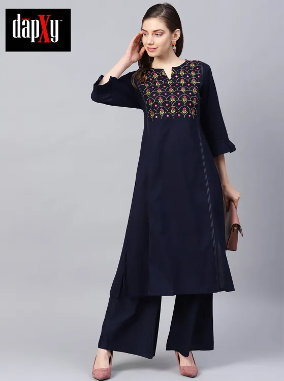 Dapxy Women Navy Blue Embroidered Kurti with Palazzos (DK-38)