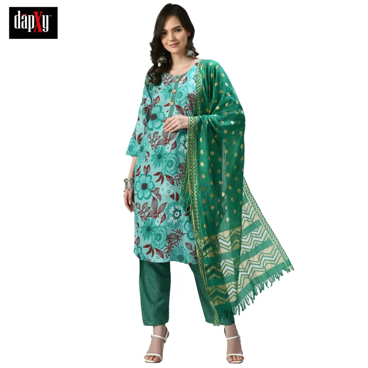 Dapxy Women Green Floral Printed Panelled Pure Cotton Kurta with Palazzos & With Dupatta (DK-95)