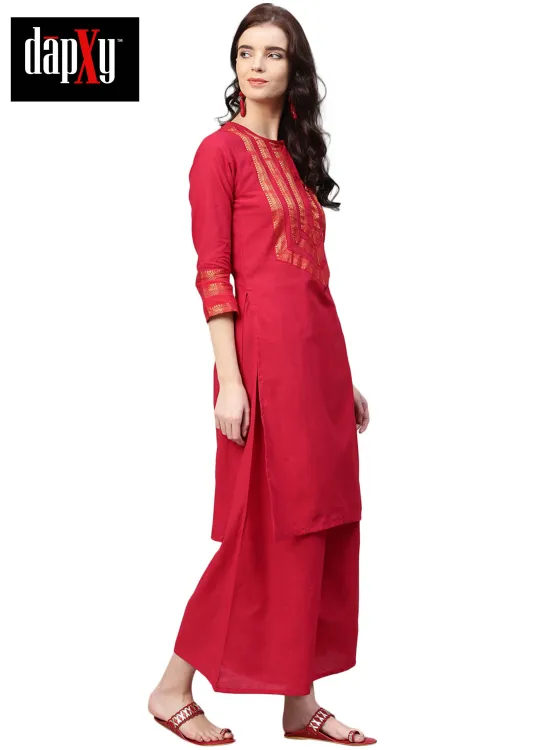 Dapxy Women Red Self Design Kurta with Palazzos (DK-39)