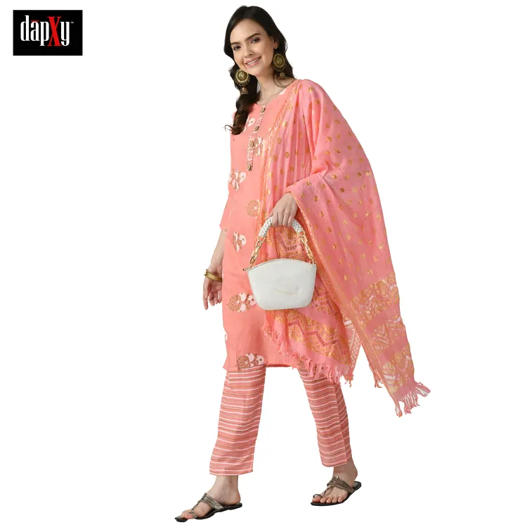 Dapxy Women Peach Floral Printed Panelled Pure Cotton Kurta with Palazzos & With Dupatta (DK-104)