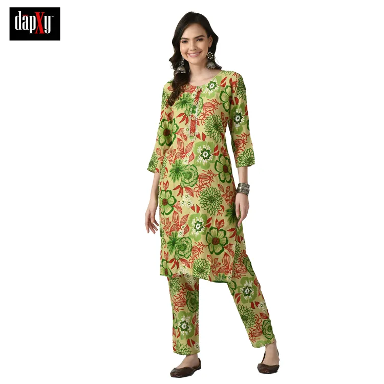 Dapxy Women Green Floral Printed Panelled Pure Cotton Kurta with Palazzos & With Dupatta (DK-94)