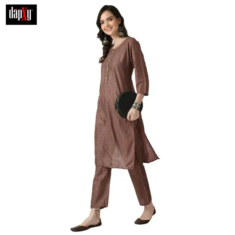 Dapxy Women Brown Printed Panelled Pure Cotton Kurta with Palazzos & With Dupatta (DK-102)