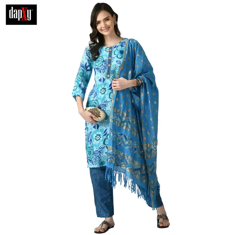 Dapxy Women Blue Floral Printed Panelled Pure Cotton Kurta with Palazzos & With Dupatta (DK-93)