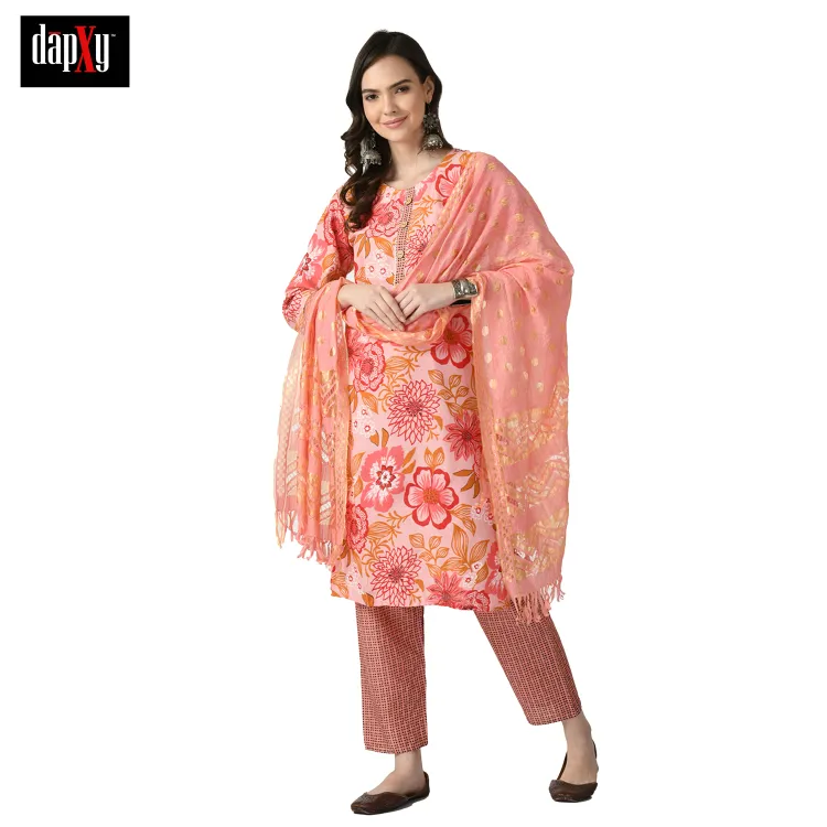 Dapxy Women Peach Floral Printed Panelled Pure Cotton Kurta with Palazzos & With Dupatta (DK-97)