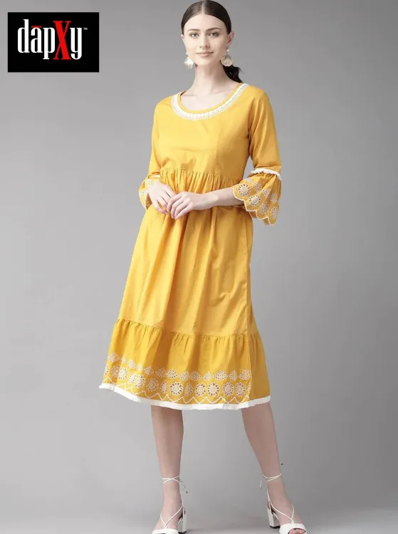 Dapxy Women Mustard Yellow Solid A-Line Dress (DK-32)