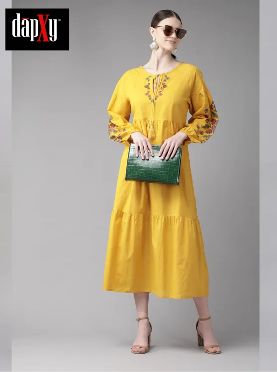 Dapxy Women Mustard Yellow Solid Tiered A-Line Dress (DK-33)
