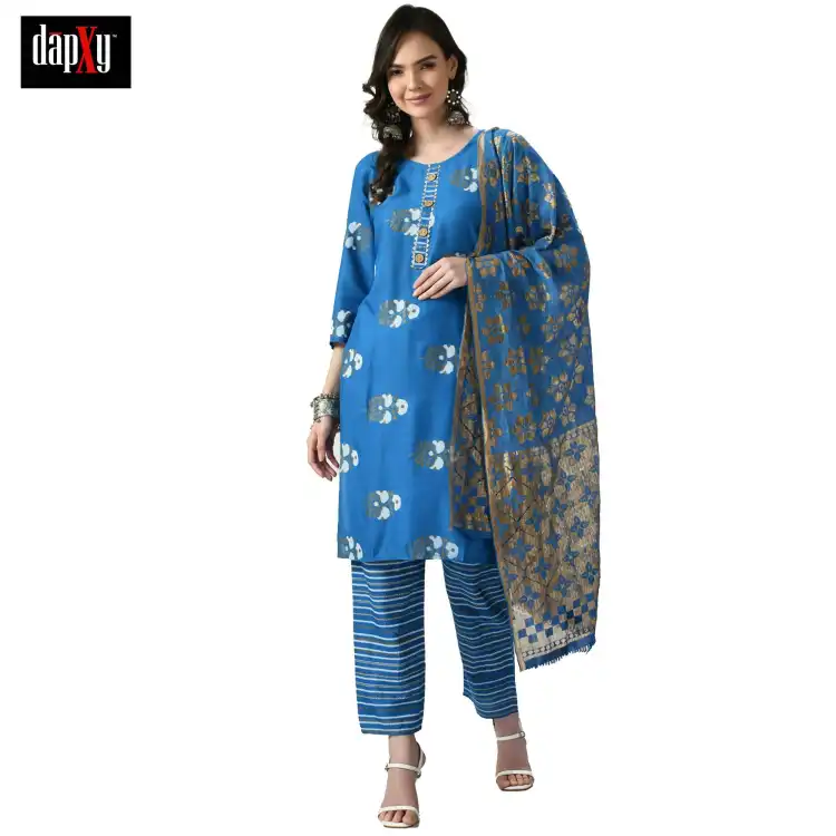 Dapxy Women Blue Floral Printed Panelled Pure Cotton Kurta with Palazzos & With Dupatta (DK-96)