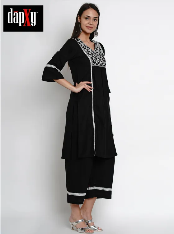 Dapxy Women Black Embroidered Kurta with Palazzos (DK-28)