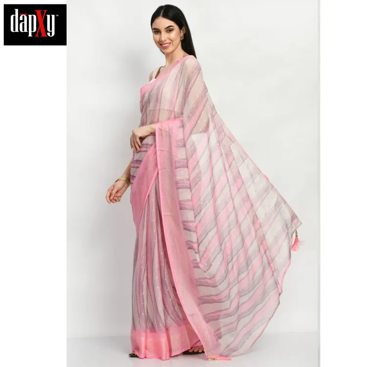 Dapxy Pink Dual Tone Stripe Printed Georgette Saree with Blouse Piece For Women (DS-72)