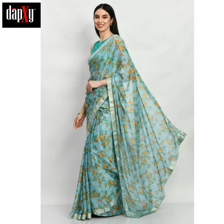 Dapxy Blue Floral Print Georgette Saree With Blouse Piece For Women (Ds-38)