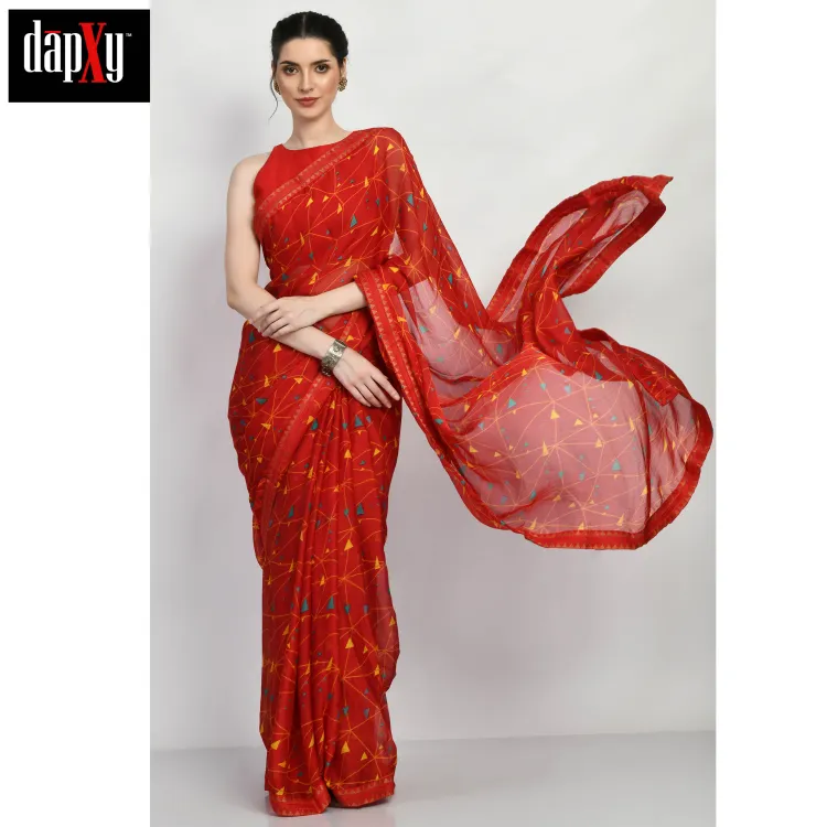 Dapxy Red Multicolored Printed Georgette Saree with Blouse Piece For Women (DS-50)