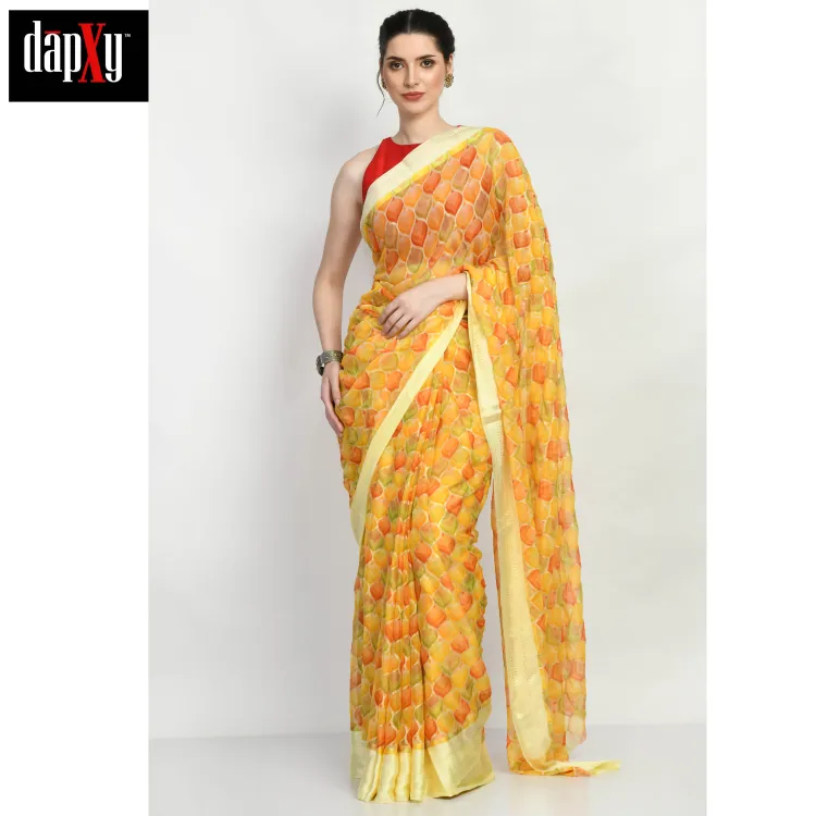 Dapxy Yellow Dual Tone Printed Georgette Saree with Blouse Piece For Women (DS-64)