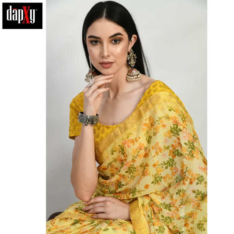 Dapxy Yellow Floral Printed Georgette Saree with Blouse Piece for Women (DS-32)