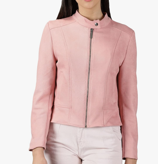 Women's Stand Collar Solid Peach Open Front Jacket