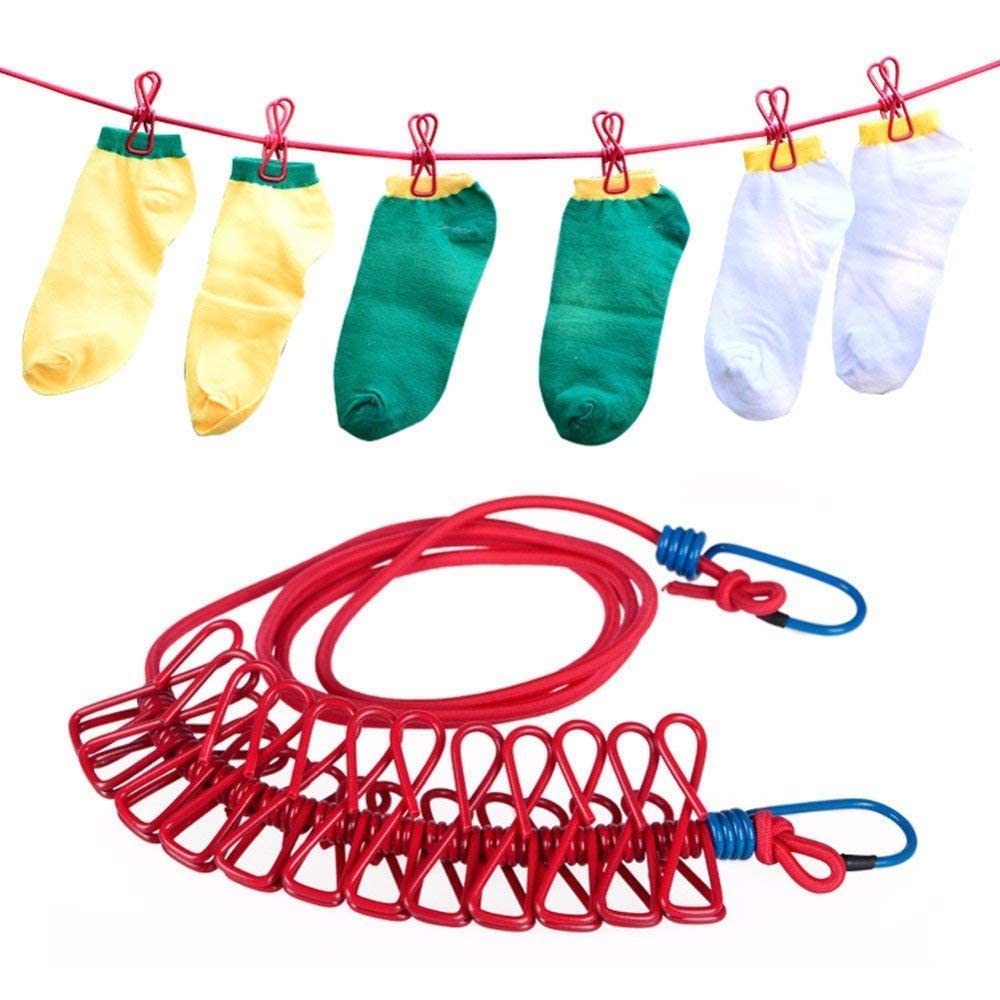Cloth Drying Rope with 12 Clips and Cloth Hanging Rope for Cloth Drying Multicolor