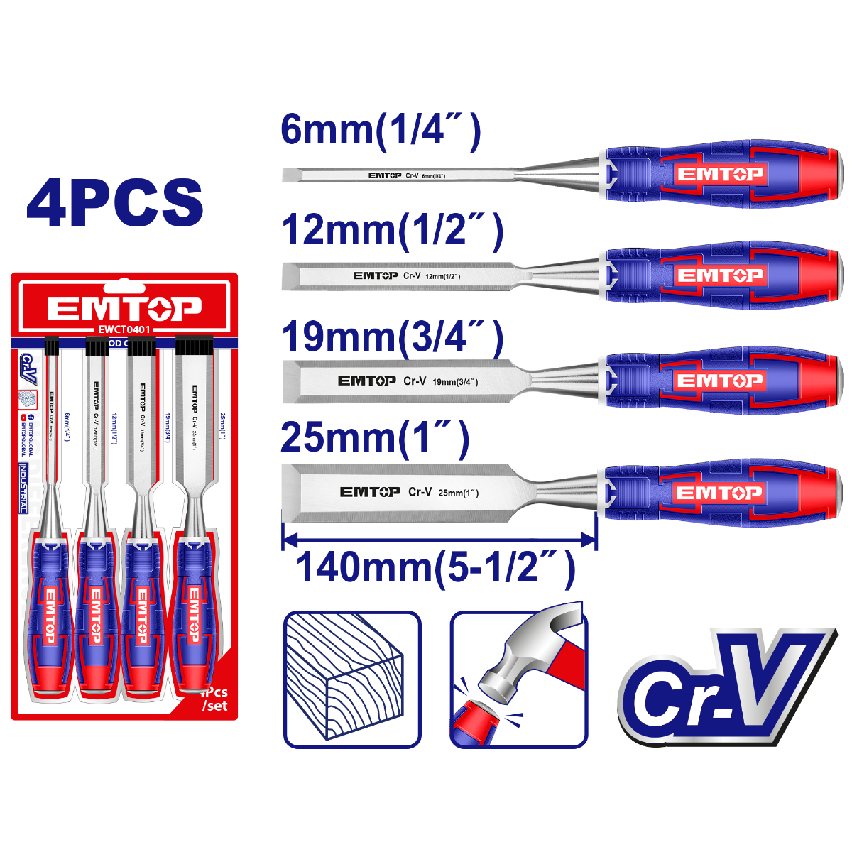 EMTOP 4 Pcs WOOD CHISEL SET - EWCT0401