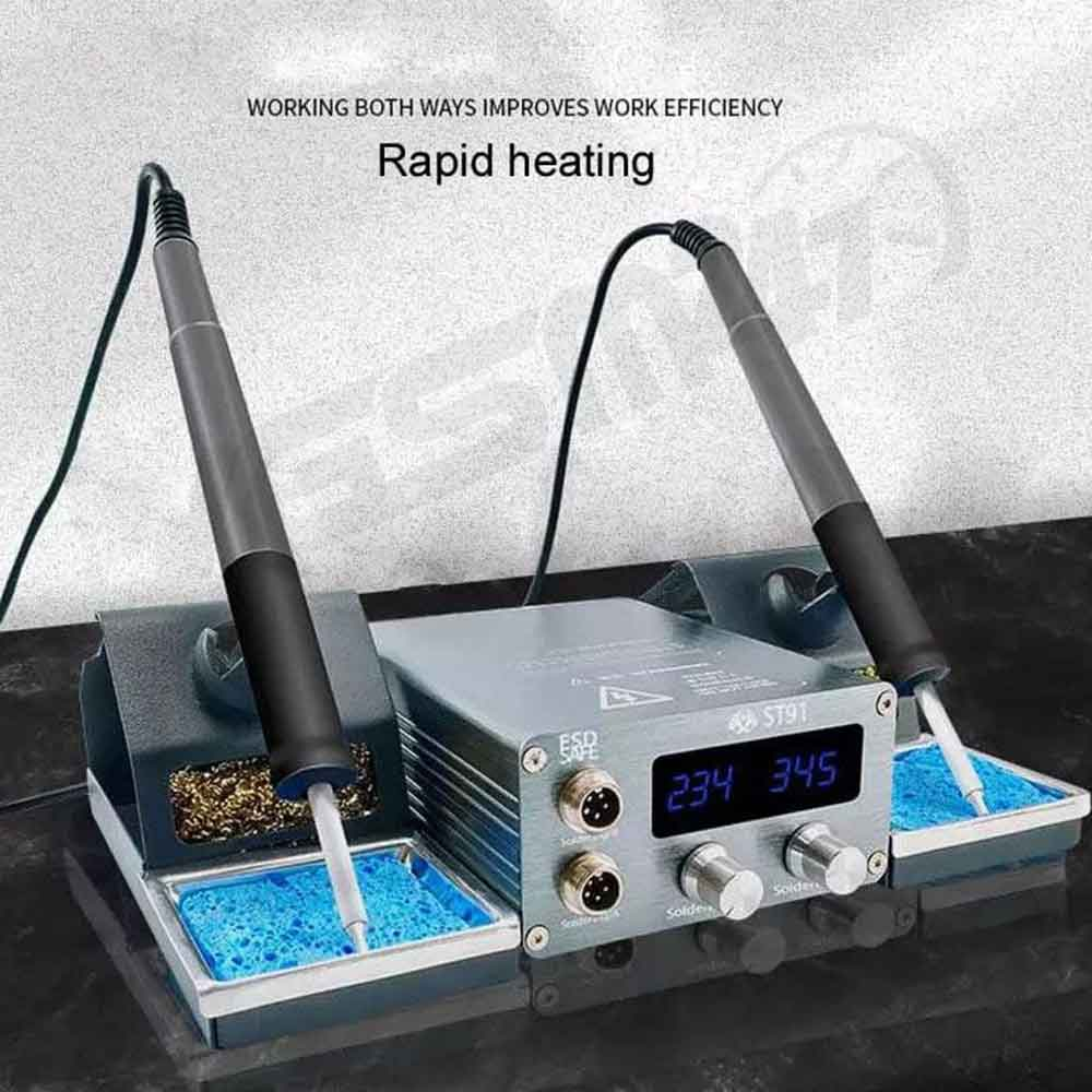 ST91+(plus) SOLDERING STATION DOUBLE HANDLE, DOUBLE STAND, DOUBLE TIP RABID HEATING AND AUTO SLEEP.