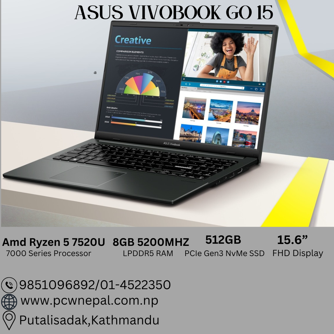 Asus VivoBook Go E1504F 2023 (AMD Ryzen 5 7520U Processor | 8GB RAM | 512GB SSD | 15.6″ FHD Display | AMD Radeon Graphics)