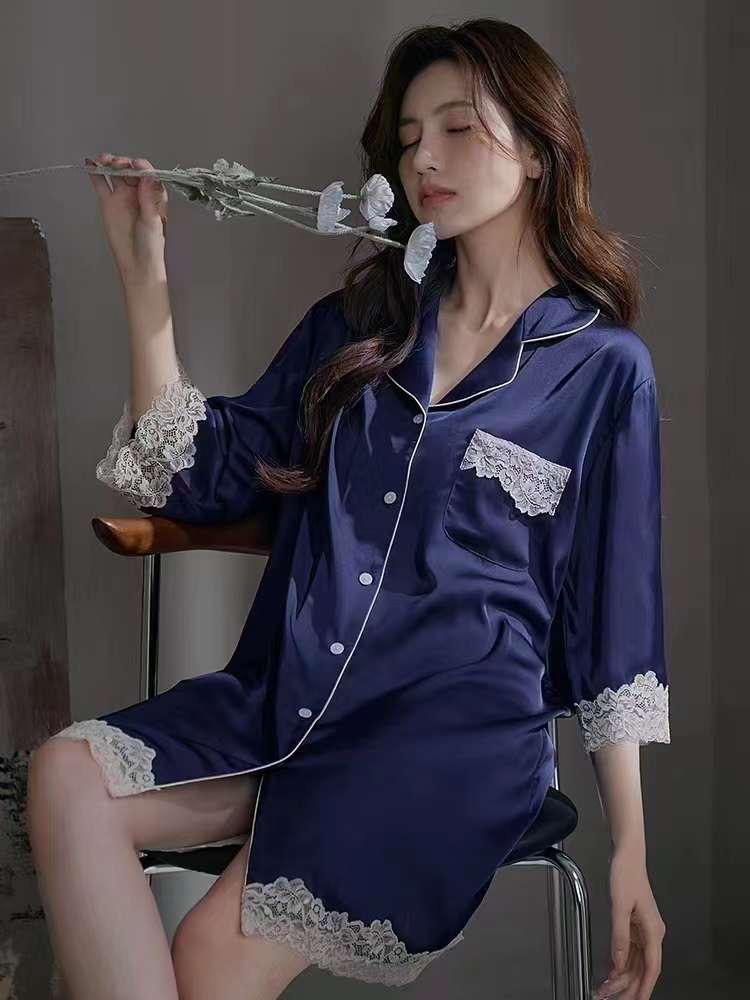Women's 3/4 Sleeve Nightgown, Women's Turn-down Collar Fitted Lace Nightgown