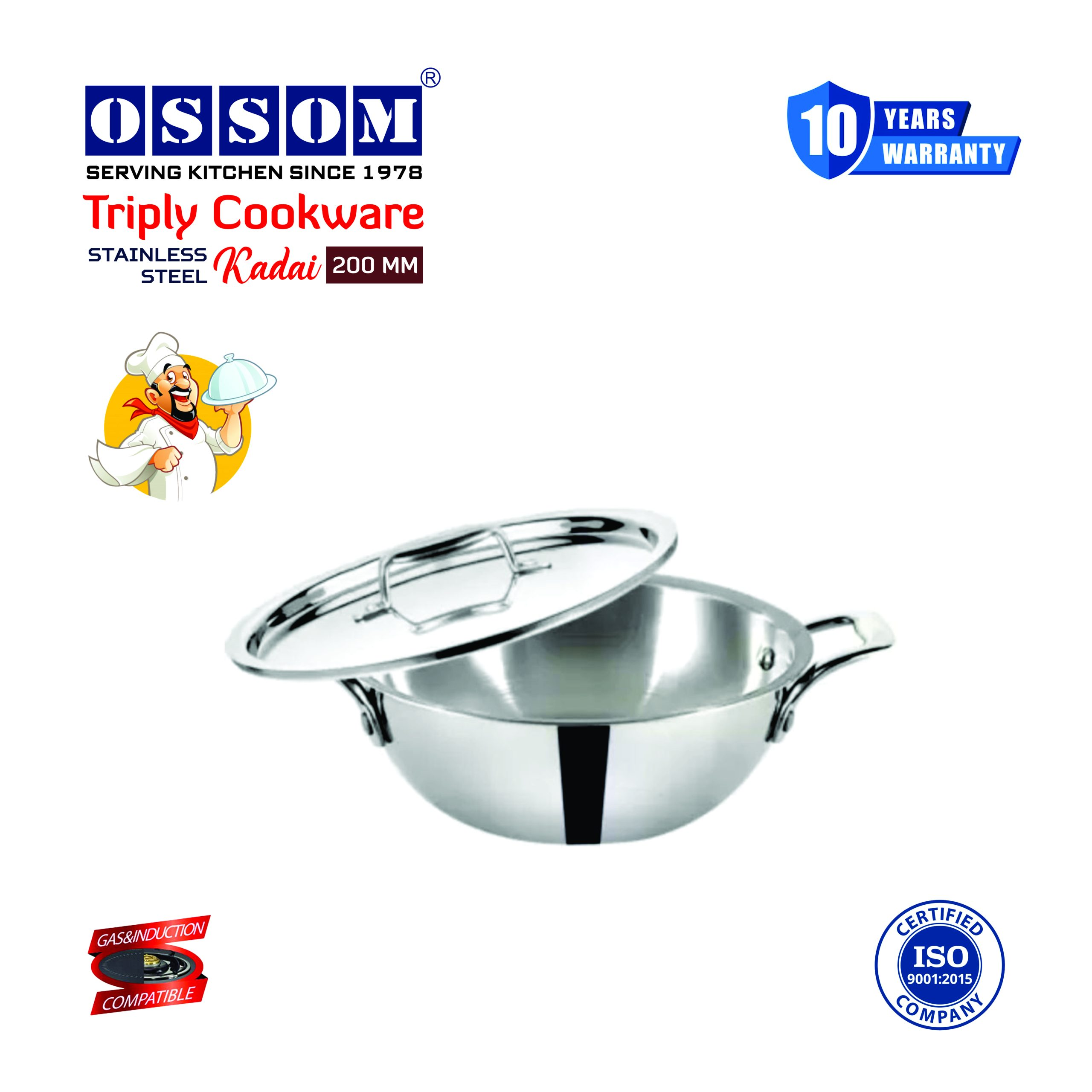 OSSOM Triply Kadai  SS Cookware 1.7 Liter with SS Inner -200MM
