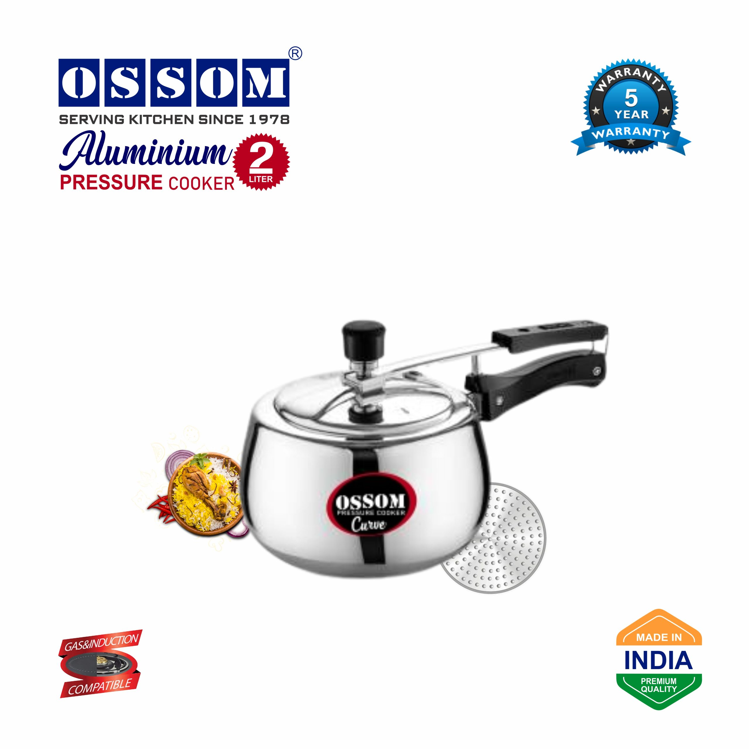 OSSOM Curve Aluminum Pressure Cooker – 2L, Inner Lid